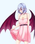  1girl arm_behind_back bat_wings belt blue_background blue_hair breasts cleavage collarbone dress dress_lift fangs highres large_breasts nail_polish older pink_dress pink_nails pointy_ears red_eyes remilia_scarlet short_hair solo touhou vampire wings zeramu 