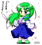  blush chibi detached_sleeves green_eyes green_hair kochiya_sanae long_hair looking_at_viewer simple_background smile solo takasegawa_yui touhou translation_request white_background 