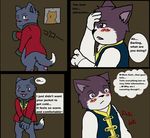  blush cat clothing comic dialog english english_text feline gay german_text japanese_text male mammal open_mouth speech_bubbles sweat sweatdrop text tongue translation_request 