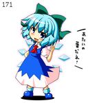  blue_eyes blue_hair blush bow cirno fang hair_bow ice ice_wings index_finger_raised looking_at_viewer open_mouth short_hair simple_background smile solo takasegawa_yui touhou translated white_background wings 