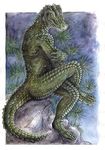  crocodile kirsch male nude pose reptile scalie smile solo yellow_eyes 