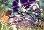  arrow bamboo black_hair blue_eyes bow_(weapon) branch closed_eyes crescent_moon embellished_costume houraisan_kaguya jeweled_branch_of_hourai kage_houshi long_hair moon multiple_girls night night_sky sky touhou weapon white_hair yagokoro_eirin 