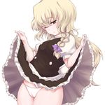  blonde_hair blush braid kirisame_marisa long_hair no_hat no_headwear one_eye_closed panties ribbon shibata simple_background single_braid skirt skirt_lift solo tears touhou underwear white_background white_panties yellow_eyes 