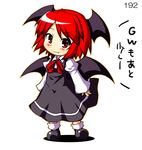  alternate_hair_length alternate_hairstyle blush chibi fang head_tilt head_wings koakuma looking_at_viewer red_eyes red_hair short_hair simple_background smile solo takasegawa_yui touhou translated white_background wings 