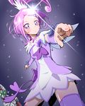  blush bow choker crossover cure_sword dokidoki!_precure dress earrings eyelashes heart jewelry kamen_rider kamen_rider_blade_(series) kamen_rider_garren kenzaki_makoto magical_girl ponytail precure purple purple_choker purple_eyes purple_hair purple_skirt skirt thighhighs tj-type1 