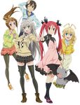  3girls :d ahoge ankle_boots black_eyes blonde_hair blue_eyes boots bow brown_eyes brown_hair checkered cthugha_(nyaruko-san) full_body green_eyes hair_bow haiyore!_nyaruko-san hand_on_hip hastur_(nyaruko-san) hood hoodie huge_ahoge kurei_tamao long_hair multiple_boys multiple_girls necktie notepad nyarlathotep_(nyaruko-san) official_art one_eye_closed open_mouth pantyhose pen pink_skirt ponytail raglan_sleeves red_eyes red_hair shantak_(nyaruko-san) shoes silver_hair skirt smile sneakers socks thighhighs transparent_background turtleneck twintails very_long_hair yasaka_mahiro 