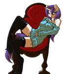  anthro anthrofied avante92 blue_eyes blush bottomless chair clothing equine female friendship_is_magic hair horn horse legwear looking_at_viewer mammal my_little_pony plain_background pony purple_hair pussy rarity_(mlp) sitting solo stockings sweater unicorn white_background 