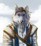  assassin&#039;s_creed assassin's_creed belt black_nose bone_necklace brown_eyes brown_hair canine clothing cloud clouds connor_kenway feather fur grey_fur hair looking_at_viewer male mammal mutisija necklace outside scar sky solo strap straps video_games wolf 