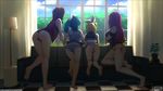  alternate_hair_length alternate_hairstyle ass back backlighting bare_legs barefoot blonde_hair blue_hair blue_sky breasts brown_hair cloud couch garden hair_ornament hair_ribbon hatsune_miku highres indoors kagamine_rin kneeling kneepits lamp large_breasts long_hair looking_out_window megurine_luka meiko multiple_girls no_pants open_clothes open_shirt panties pink_hair plant potted_plant raichi_(litchixlitchi) ribbon shirt side-tie_panties sky sleeveless sleeveless_shirt string_panties striped striped_panties thong tile_floor tiles tree twintails underwear vocaloid window 