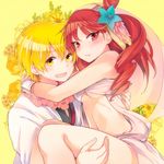  1girl ali_baba_saluja blonde_hair blush breasts carrying couple flower hair_flower hair_ornament hetero long_hair looking_at_viewer magi_the_labyrinth_of_magic medium_breasts morgiana ocha_(hutuumikan) one_side_up red_eyes red_hair short_hair underboob yellow_background yellow_eyes 