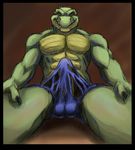  alligator anthro balls biceps big_muscles big_penis bulge clothed clothing erection fangs green_skin half-dressed looking_at_viewer louiefurrywolfy male muscles pecs penis reptile scalie shorts solo topless torn_clothing 