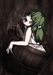  blood blush breath bucket crazy_eyes fang green_eyes green_hair hair_bobbles hair_ornament harusame_(unmei_no_ikasumi) highres in_bucket in_container kisume looking_at_viewer open_mouth saliva short_hair smile solo touhou wooden_bucket 