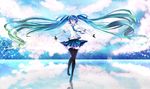  arikoshi_(good-speed) blue_hair closed_eyes fingerless_gloves floating_hair gloves gradient_hair green_hair hatsune_miku headset long_hair multicolored_hair necktie outstretched_arms skirt solo thighhighs twintails very_long_hair vocaloid 