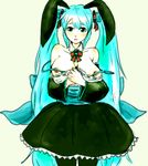  animal_ears aqua_eyes aqua_hair bad_id bad_pixiv_id breasts bunny_ears butaneko dress hatsune_miku large_breasts long_hair nipples pantyhose simple_background solo twintails very_long_hair vocaloid 