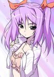  akata_itsuki blush bra character_name gengetsu_no_pandora kurumiya_uiro long_hair looking_at_viewer open_clothes open_shirt purple_eyes purple_hair shirt solo underwear undressing 