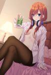  1girl arm_support bangs bed blue_eyes blurry blurry_background blush breasts brown_hair brown_legwear can collarbone commentary_request dated depth_of_field dress_shirt eyebrows_visible_through_hair eyes_visible_through_hair fingernails go-toubun_no_hanayome hair_over_one_eye headphones headphones_around_neck highres holding holding_can indoors lamp lampshade legs_crossed long_hair long_sleeves looking_at_viewer medium_breasts nakano_miku navel neps-l no_bra on_bed open_clothes open_shirt pantyhose parted_lips shirt signature sitting sitting_on_bed smile solo thighband_pantyhose white_shirt 