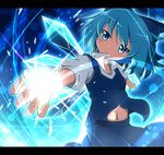  blue_hair bow cirno do_(4-rt) glowing glowing_hand hair_bow ice ice_wings letterboxed midriff navel outstretched_arm outstretched_hand puffy_sleeves shirt short_sleeves skirt skirt_set solo touhou vest wings 