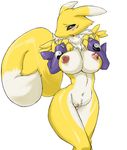  big_breasts blush breasts canine chest_tuft digimon edit elbow_gloves facial_markings female fluffy_tail fox fur gloves green_eyes invalid_tag looking_at_viewer mammal markings navel nipples nude open_mouth plain_background plump_labia pussy renamon solo tongue tuft under_boob unknown_artist white_background white_fur yellow_fur 