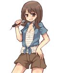  blush brown_hair casual fukuyo_kouko hand_on_hip kuromu_(cr0711) long_hair lowres microphone saki saki_achiga-hen shorts smile solo 