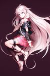  :o ahoge blue_eyes boots braid highres ia_(vocaloid) junwool long_hair looking_at_viewer off_shoulder pink_hair single_thighhigh skirt solo thigh_strap thighhighs very_long_hair vocaloid 