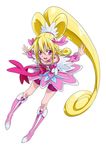  aida_mana big_hair blonde_hair boots bow choker cure_heart dokidoki!_precure eyelashes full_body hair_ornament heart heart_hair_ornament highres knee_boots long_hair looking_at_viewer magical_girl nukosann open_mouth outstretched_arms pink_bow pink_eyes pink_footwear pink_sleeves ponytail precure simple_background solo white_background 