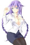  alternate_costume arm_up blue_eyes blush braid breasts cleavage ears embarrassed hand_on_own_chest jewelry large_breasts long_hair looking_at_viewer minagi necklace neptune_(series) pantyhose purple_hair purple_heart skirt solo symbol-shaped_pupils twin_braids very_long_hair 