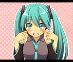  aqua_eyes aqua_hair detached_sleeves finger_to_face grin hatsune_miku headset letterboxed long_hair looking_at_viewer necktie polka_dot polka_dot_background smile solo twintails vocaloid yumesaki_nana 