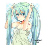  adjusting_hair arms_up bad_id bad_pixiv_id bunching_hair green_eyes green_hair hatsune_miku long_hair nail_polish okutani_toro polka_dot polka_dot_background smile solo twintails vocaloid 