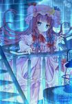  :&lt; blue_eyes book bookshelf capelet coat crescent dress hair_ribbon hat jitome kabocha_usagi library long_hair long_sleeves looking_at_viewer open_clothes open_coat patchouli_knowledge purple_dress purple_hair ribbon solo stairs striped striped_dress touhou tress_ribbon very_long_hair 