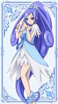  6megane absurdres asymmetrical_clothes bare_legs blue blue_bow blue_eyes blue_hair bow bracelet choker crystal_earrings cure_diamond curly_hair diamond_(shape) diamond_hands dokidoki!_precure dress earrings full_body highres hishikawa_rikka jewelry long_hair ponytail precure ribbon shoes smile solo very_long_hair 