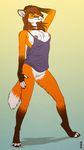  bottomless breasts brown_hair canine claws clothed clothing digitigrade female fox fur hair half-dressed hindpaw kannos looking_at_viewer mammal nipples orange_fur paws pussy shirt skimpy solo standing toes 