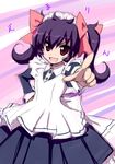  :d akata_itsuki bow fang hair_bow hand_on_hip index_finger_raised long_hair maid maid_headdress open_mouth original pointing pointing_at_viewer purple_eyes purple_hair sketch smile solo twintails 