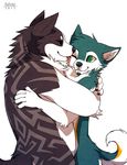  anthro cyan_fur duo english_text falvie feline female green_eyes male mammal text 