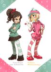  black_hair blonde_hair blue_eyes brown_eyes candy crossed_arms dress food gloves grin hat heiyellmi hood hoodie lollipop multiple_girls pantyhose ponytail short_dress smile striped striped_legwear taffyta_muttonfudge tongue tongue_out vanellope_von_schweetz wreck-it_ralph 