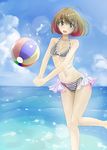  ball beachball bikini blue_eyes green_eyes heterochromia highres idolmaster idolmaster_cinderella_girls light_brown_hair mole mole_under_eye multicolored_hair pink_hair short_hair solo sonyntendo swimsuit takagaki_kaede two-tone_hair 