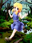  armpits arms_up belly_peek blonde_hair blue_eyes boots bushimushi forest girly_running hair_ribbon highres looking_at_viewer midriff moriya_suwako moss nature navel no_hat no_headwear open_mouth ribbon rock running short_hair sidelocks skirt solo stream tank_top touhou 