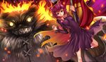  animal_ears annie_hastur backpack bag bear breasts dress fake_animal_ears fire green_eyes league_of_legends medium_breasts pink_hair short_hair smile teeth tibbers un4lord 