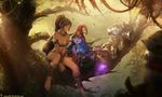  ankle_wrap bad_revision barefoot breasts brown_eyes brown_hair cannon cannonballs cleavage green_eyes hat high_ponytail highres instant_ip league_of_legends loincloth long_hair lulu_(league_of_legends) md5_mismatch medium_breasts multiple_girls nidalee pix pointy_ears resized sitting smile sunlight teemo tree tristana upscaled yordle 