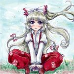  armband blue_sky bow box dandelion flower fujiwara_no_mokou gift gift_box grass hair_bow juliet_sleeves long_hair long_sleeves looking_at_viewer nanashii_(soregasisan) ofuda open_mouth pants puffy_sleeves purple_eyes ribbon sitting sky solo touhou v_arms very_long_hair white_hair wind 