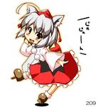  animal_ears blush hat inubashiri_momiji looking_at_viewer open_mouth simple_background smile solo takasegawa_yui tokin_hat touhou translated white_background wolf_ears 