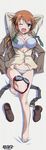  1girl absurdres arms_behind_head barefoot blue_eyes blush charlotte_e_yeager dakimakura feet highres kurashima_tomoyasu legs long_image military military_uniform open_mouth orange_hair scan shoes_removed smile solo strike_witches tall_image toes uniform wink 