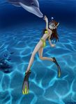  bad_id bad_pixiv_id bikini brown_hair bubble caustics diving diving_mask diving_mask_on_eyes dolphin fish flippers freediving long_hair ocean original saver_(artbysaver) skinny smile snorkel solo swimsuit underwater 