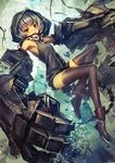  armpits bare_shoulders black_legwear black_rock_shooter boots hood lm7_(op-center) mechanical_arm open_mouth red_eyes short_hair sketch solo strength_(black_rock_shooter) tail thighhighs white_hair 
