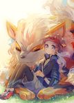  arcanine bag brown_eyes brown_hair fur gen_1_pokemon kyouhei_(pokemon) namie-kun pokemon pokemon_(creature) pokemon_(game) pokemon_bw2 resting shadow shoes shorts sleeping sneakers visor_cap watch wristwatch 