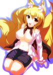 animal_ears bare_shoulders blonde_hair breasts cape cleavage cosplay fox_ears fox_tail hat large_breasts long_sleeves looking_at_viewer merry_(diameri) midriff multiple_tails navel off_shoulder open_clothes open_shirt shirt short_hair shorts sitting smile solo tail tongue tongue_out touhou wriggle_nightbug wriggle_nightbug_(cosplay) yakumo_ran yellow_eyes 