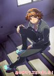  brown_eyes brown_hair chinjuu_hibakichi hanamura_yousuke headphones houndstooth male_focus persona persona_4 school_uniform sitting sitting_on_stairs solo stairs 