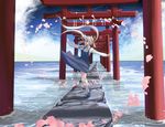 blue_dress blue_eyes blue_sky cloud dress floating_hair hair_ribbon long_hair long_sleeves mary_janes masao multiple_torii ocean original outstretched_arms over-kneehighs path petals ribbon road shirt shoes silver_hair sky solo thighhighs torii twintails very_long_hair water white_legwear wind wind_lift 