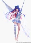  absurdres blue_eyes blue_hair dress gloves high_heels highres left-handed open_toe_shoes panty_&amp;_stocking_with_garterbelt pink_hair ribbon shoes single_thighhigh smile solo stocking_(psg) striped striped_legwear sunmomo sword thighhighs weapon wings 