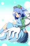  back backpack bag blue_eyes blue_hair blush boots extra_arms hair_bobbles hair_ornament hat kawashiro_nitori key mechanical_arms open_mouth senba_chidori short_hair skirt solo touhou two_side_up 