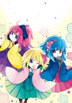  beatmania bemani blonde_hair blue_eyes blue_hair bonne_c bow chibi hair_bow hair_ornament highres japanese_clothes looking_at_viewer multiple_girls open_mouth pink_hair purple_eyes sigsig_(bemani) smile 